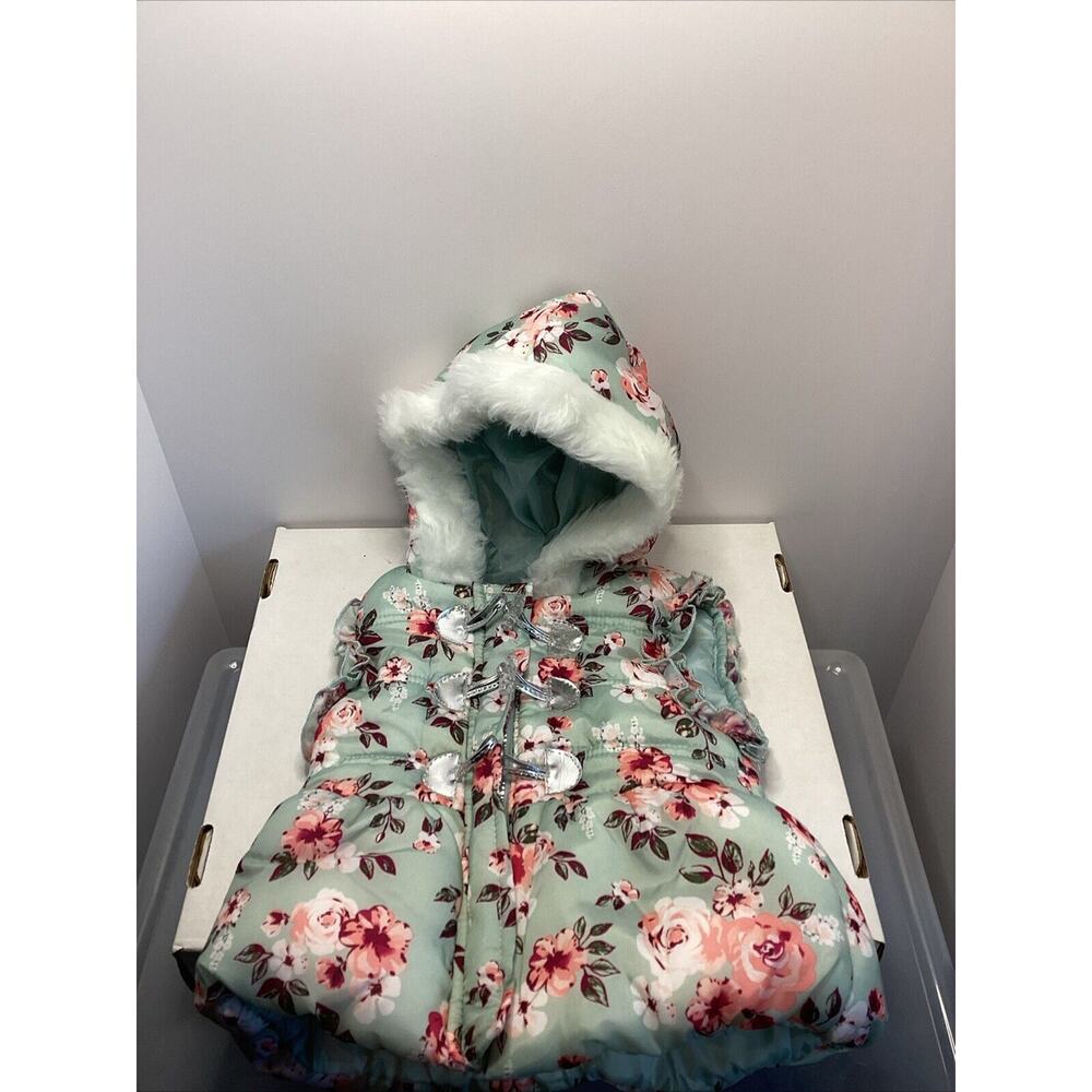 Little Lass Girls Mint Floral Fur Trimmed Hoodie Full Zip Puffer Vest Size 2T